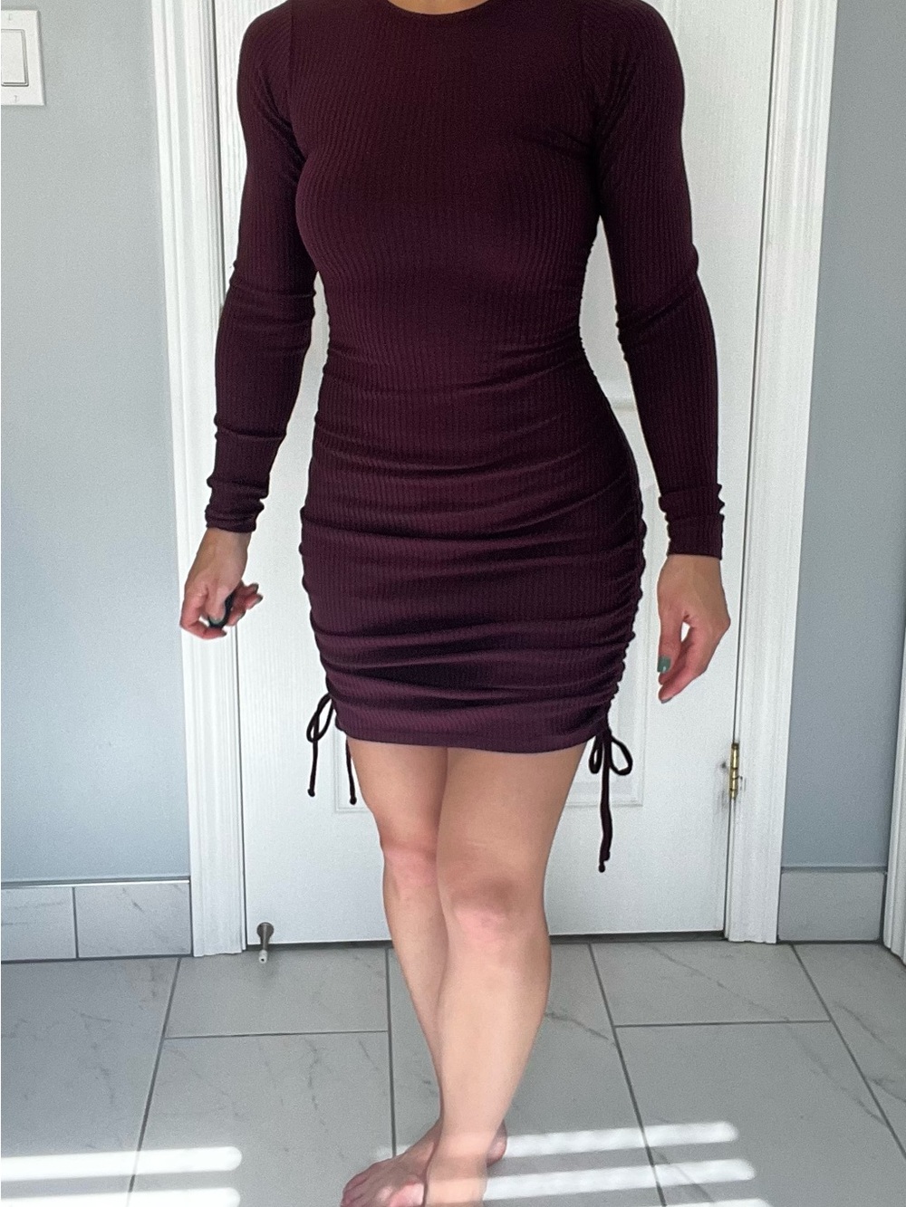 Hollister Long-Sleeve Ribbed Mini Dress in Burgundy